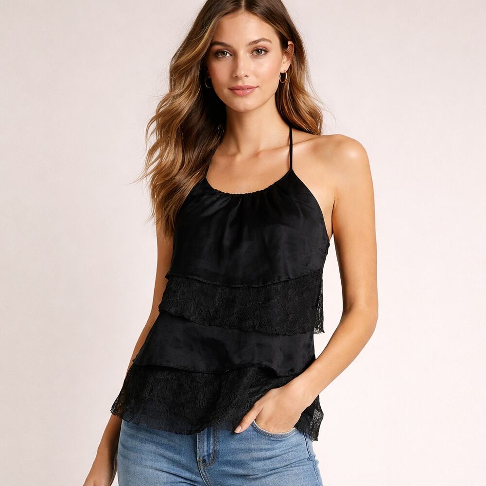 Y2K Seven For All Mankind Black Silk Lace Ruffle Cami Criss Cross Back Top S